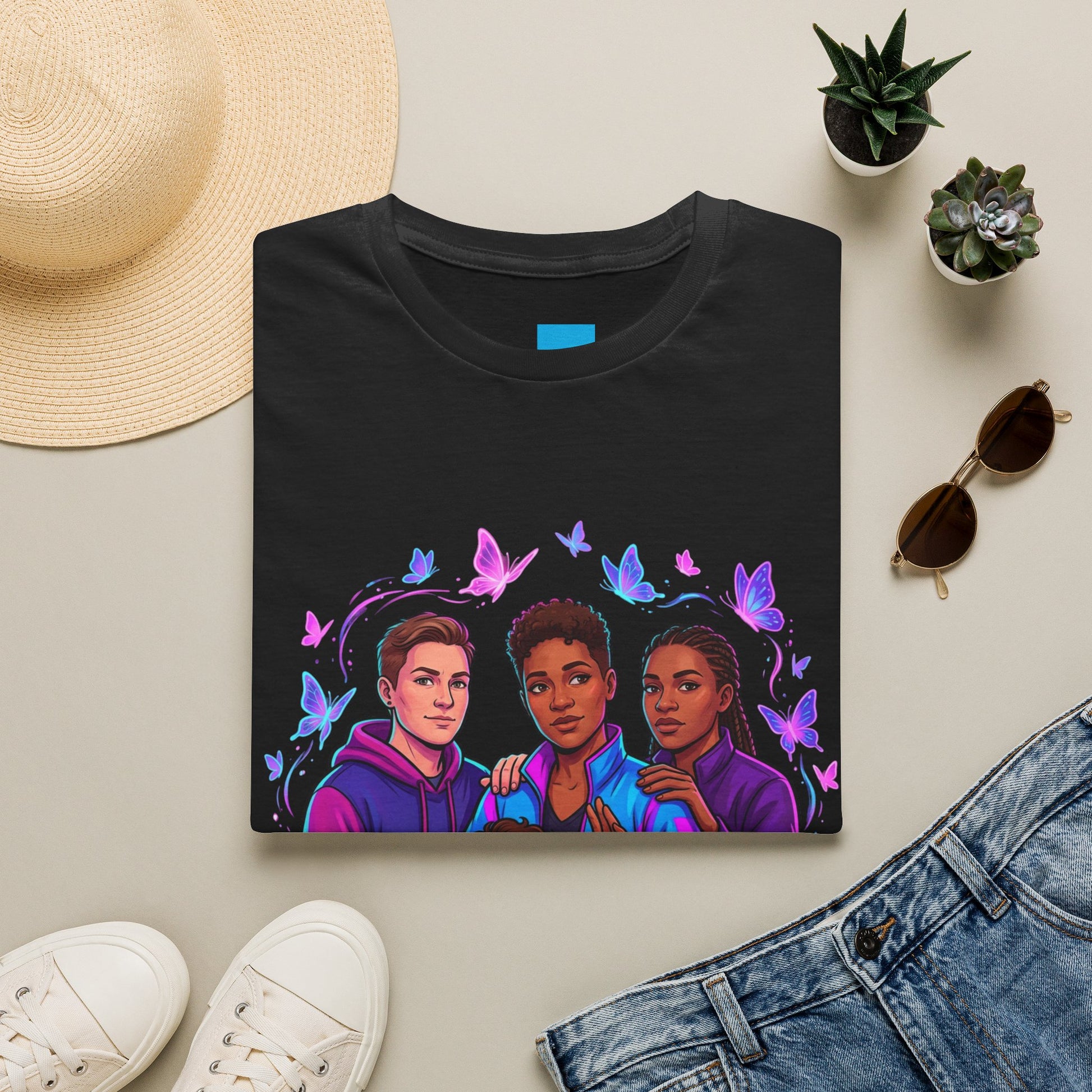 Diverse Teen Crew Portrait T-Shirt with butterfly accents – inclusive youth affirmation tee – Butterfly Parenting Boutique