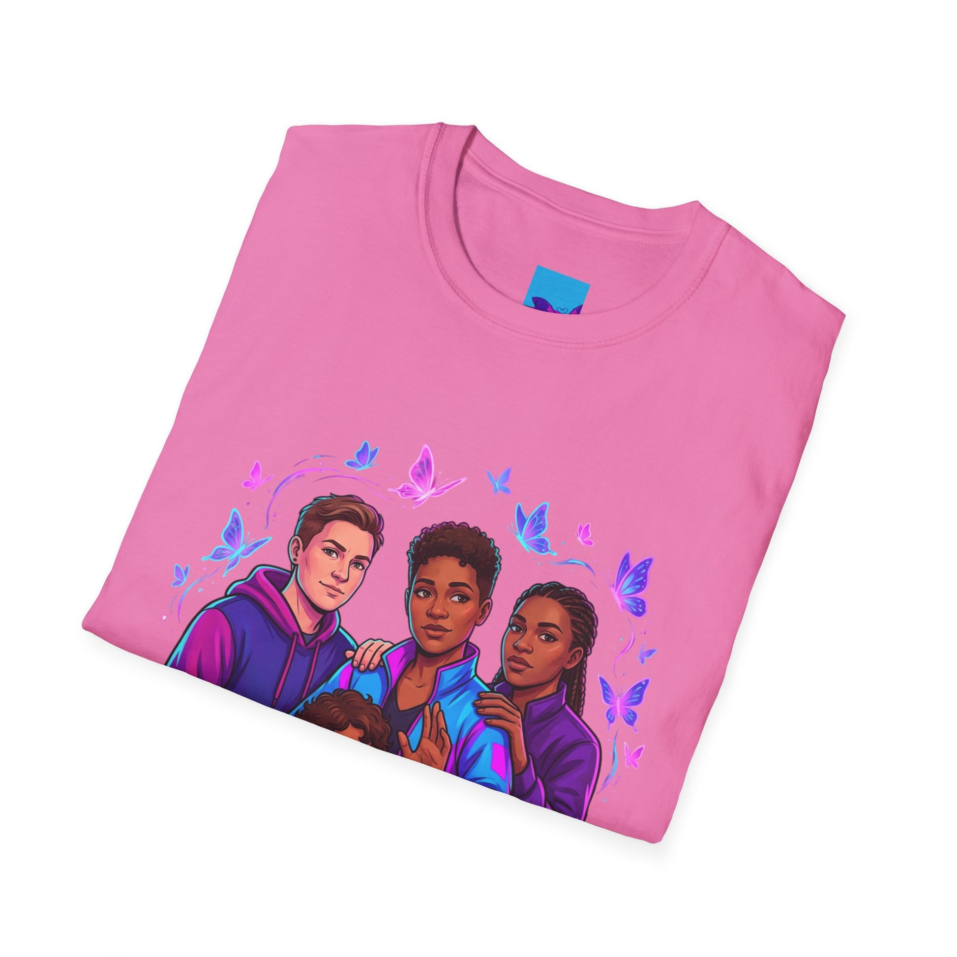 Diverse Teen Crew Portrait T-Shirt with butterfly accents – inclusive youth affirmation tee – Butterfly Parenting Boutique
