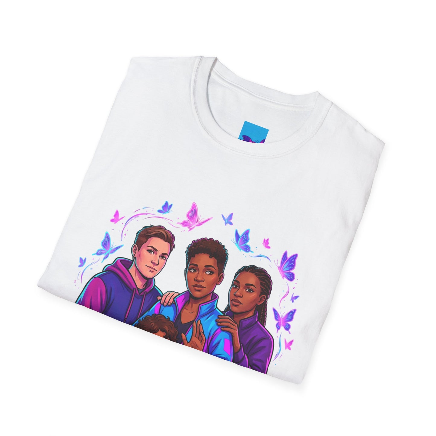 Diverse Teen Crew Portrait T-Shirt with butterfly accents – inclusive youth affirmation tee – Butterfly Parenting Boutique