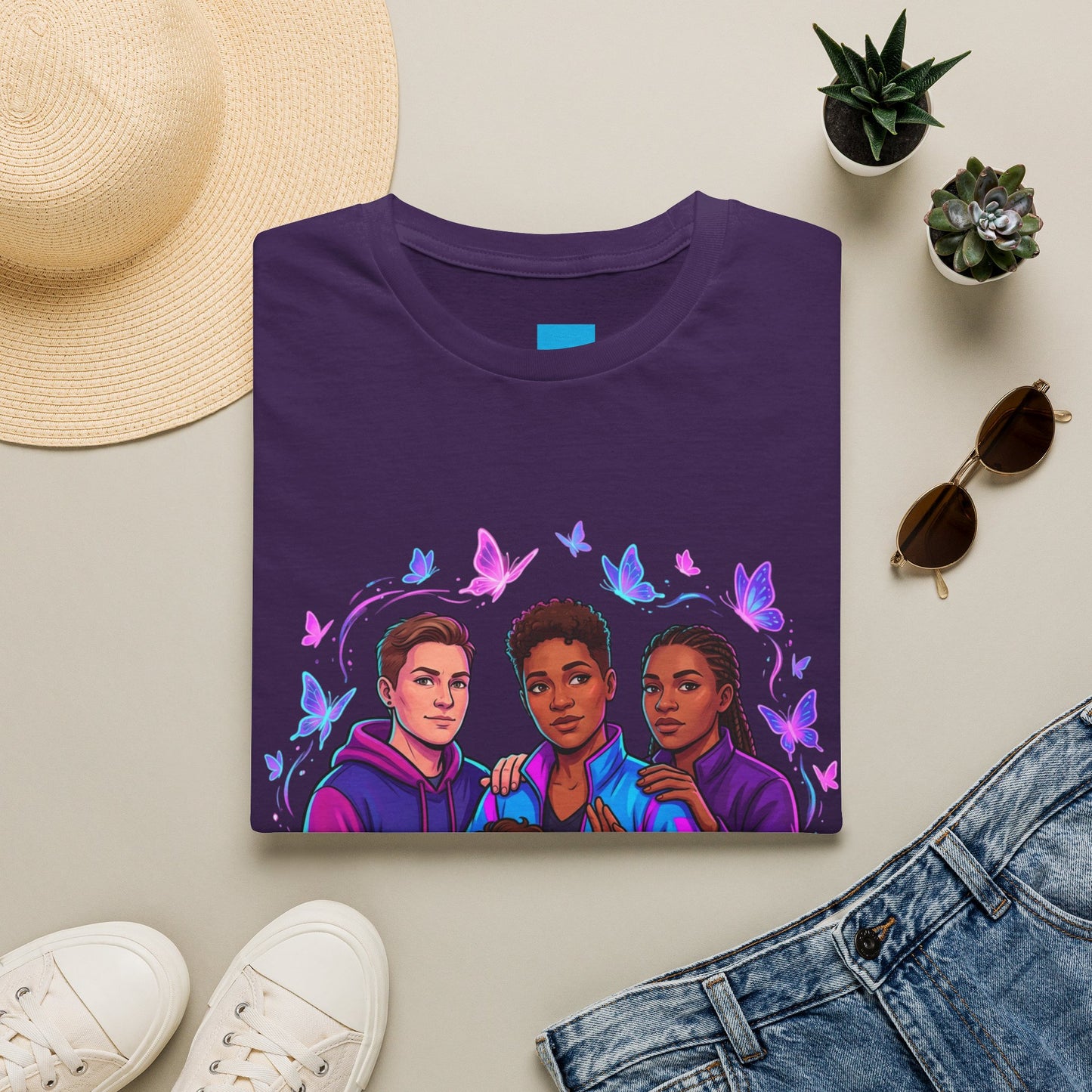 Diverse Teen Crew Portrait T-Shirt with butterfly accents – inclusive youth affirmation tee – Butterfly Parenting Boutique