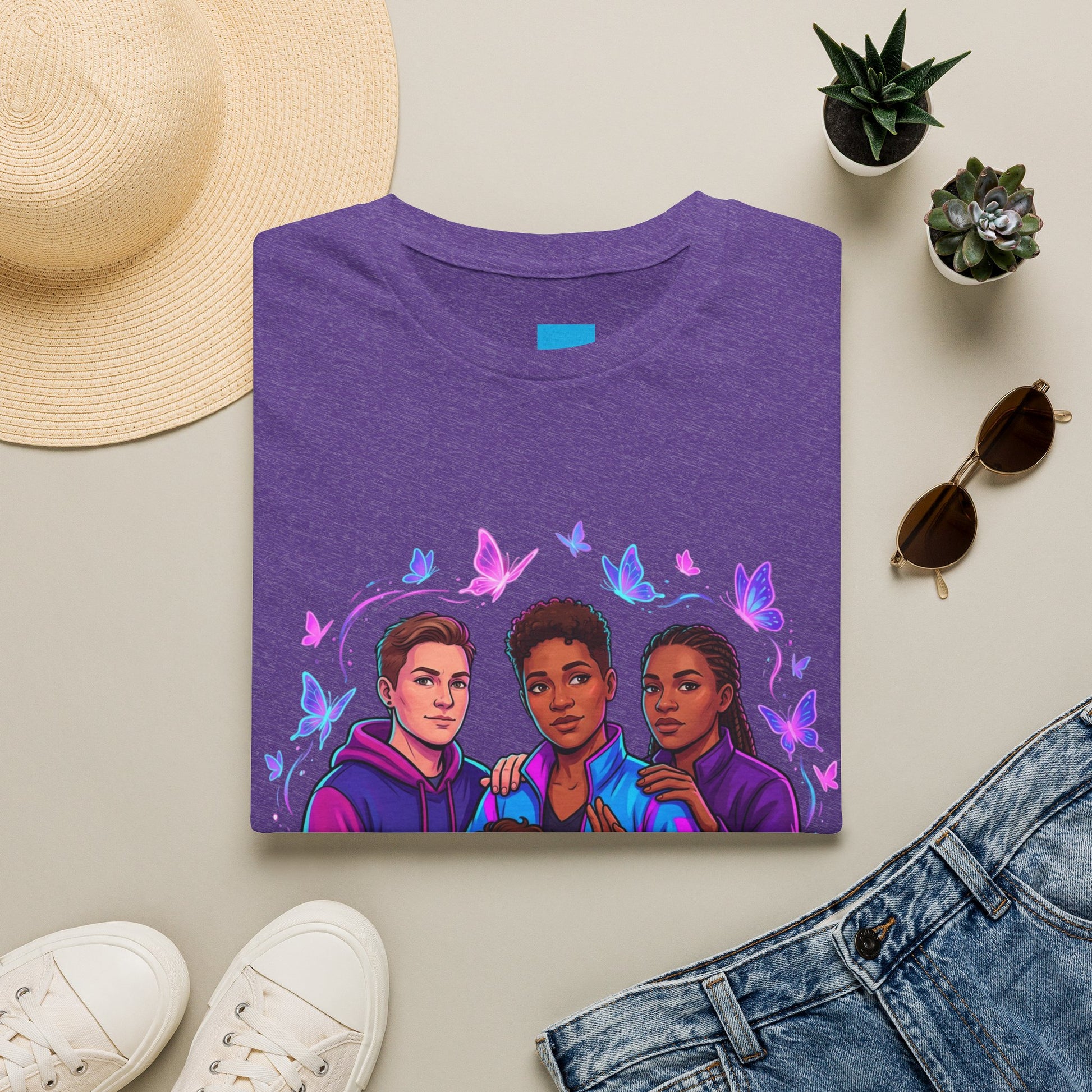 Diverse Teen Crew Portrait T-Shirt with butterfly accents – inclusive youth affirmation tee – Butterfly Parenting Boutique