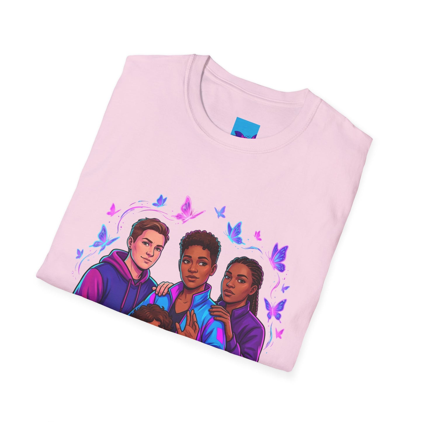 Diverse Teen Crew Portrait T-Shirt with butterfly accents – inclusive youth affirmation tee – Butterfly Parenting Boutique