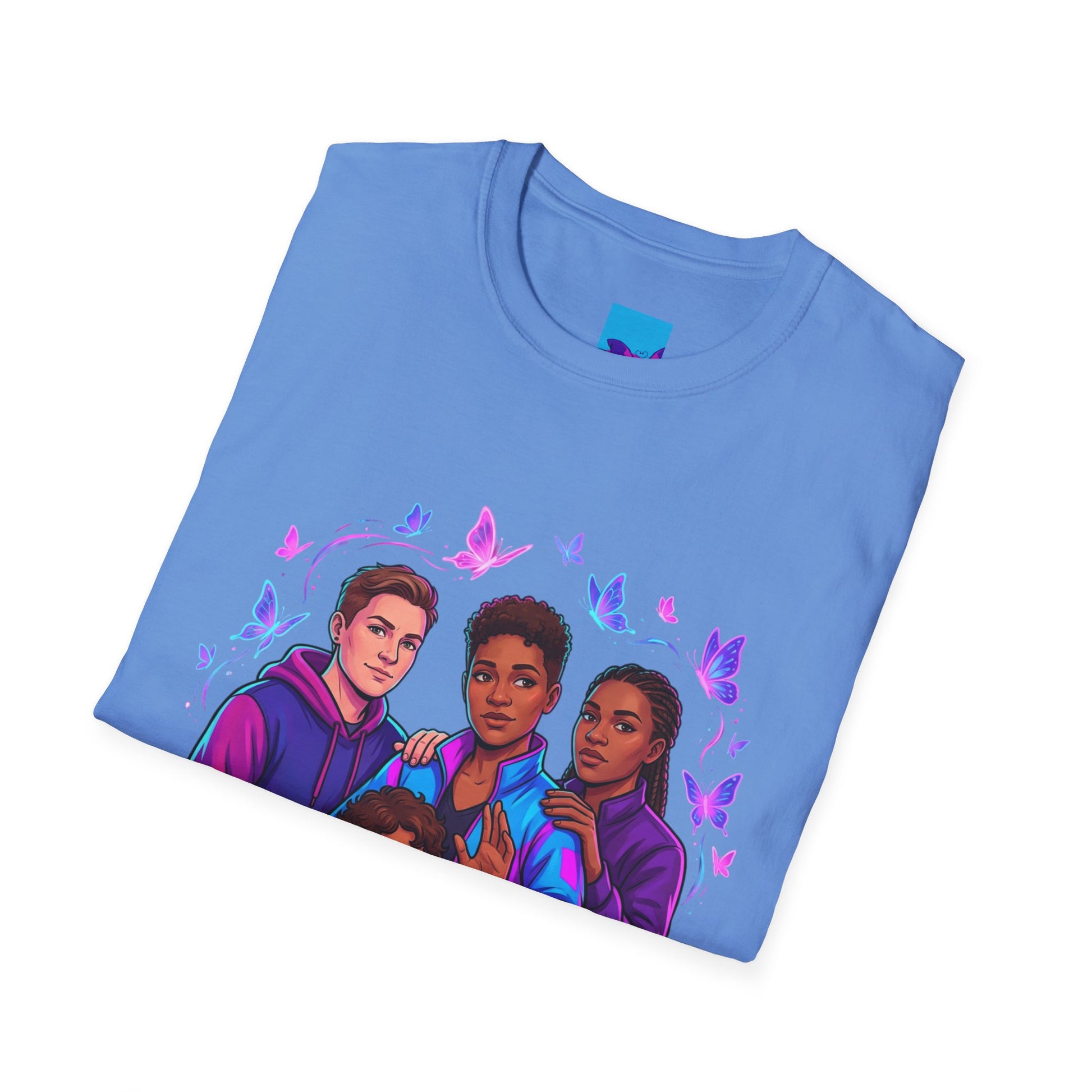 Diverse Teen Crew Portrait T-Shirt with butterfly accents – inclusive youth affirmation tee – Butterfly Parenting Boutique